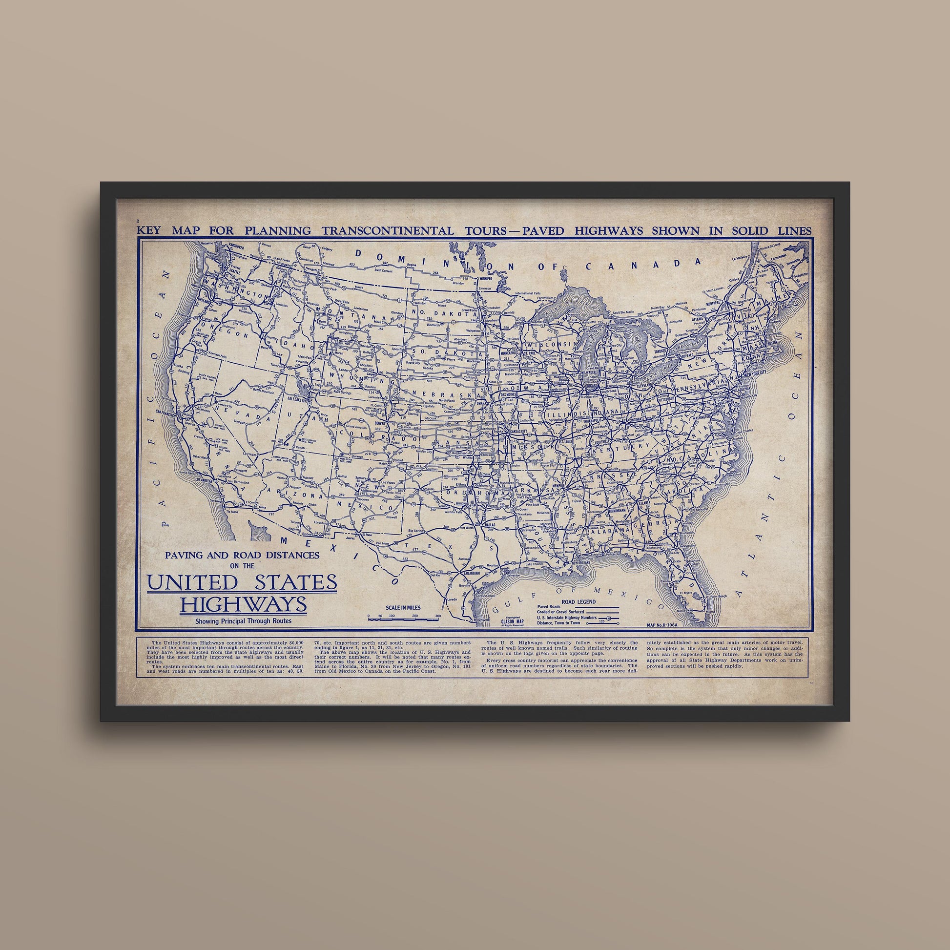 The image is a framed vintage map of the United States highways, depicting the key routes and road systems of the country.