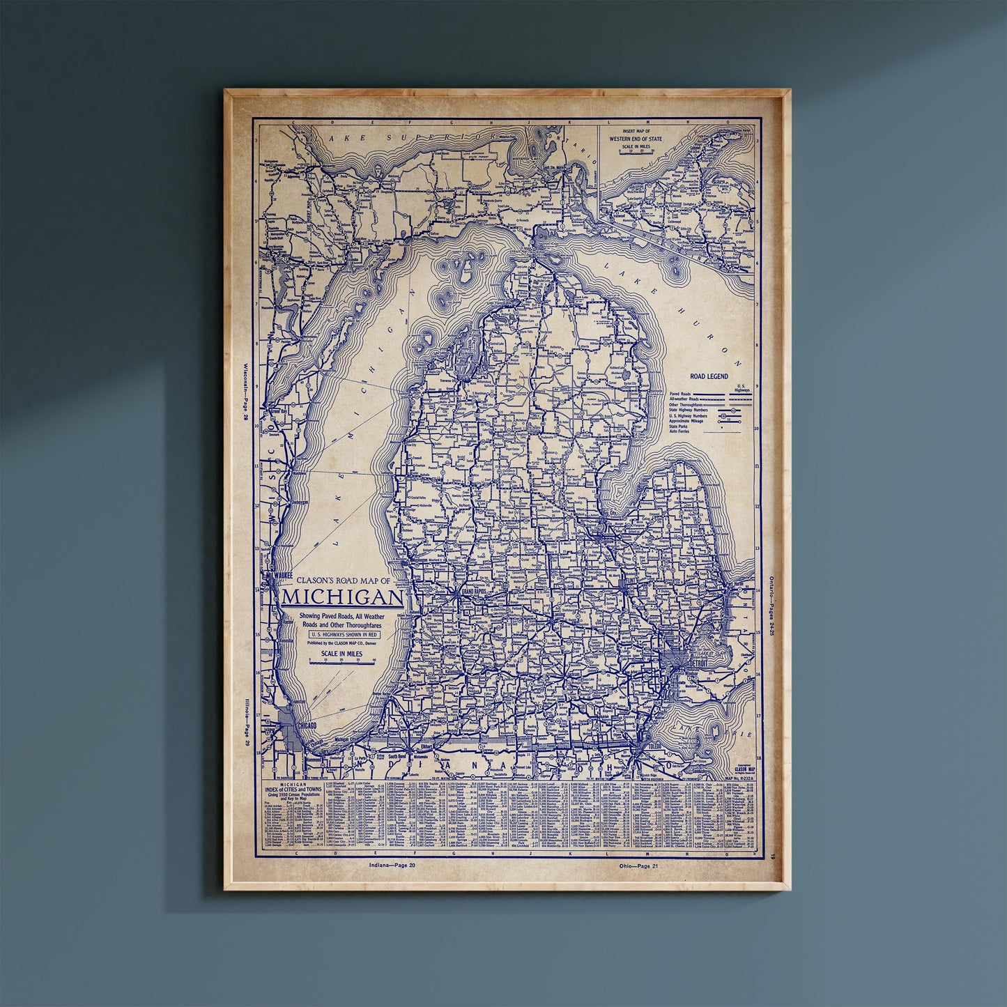 The image is a vintage map of Michigan, showing the state's roads and highways in a detailed and detailed manner.