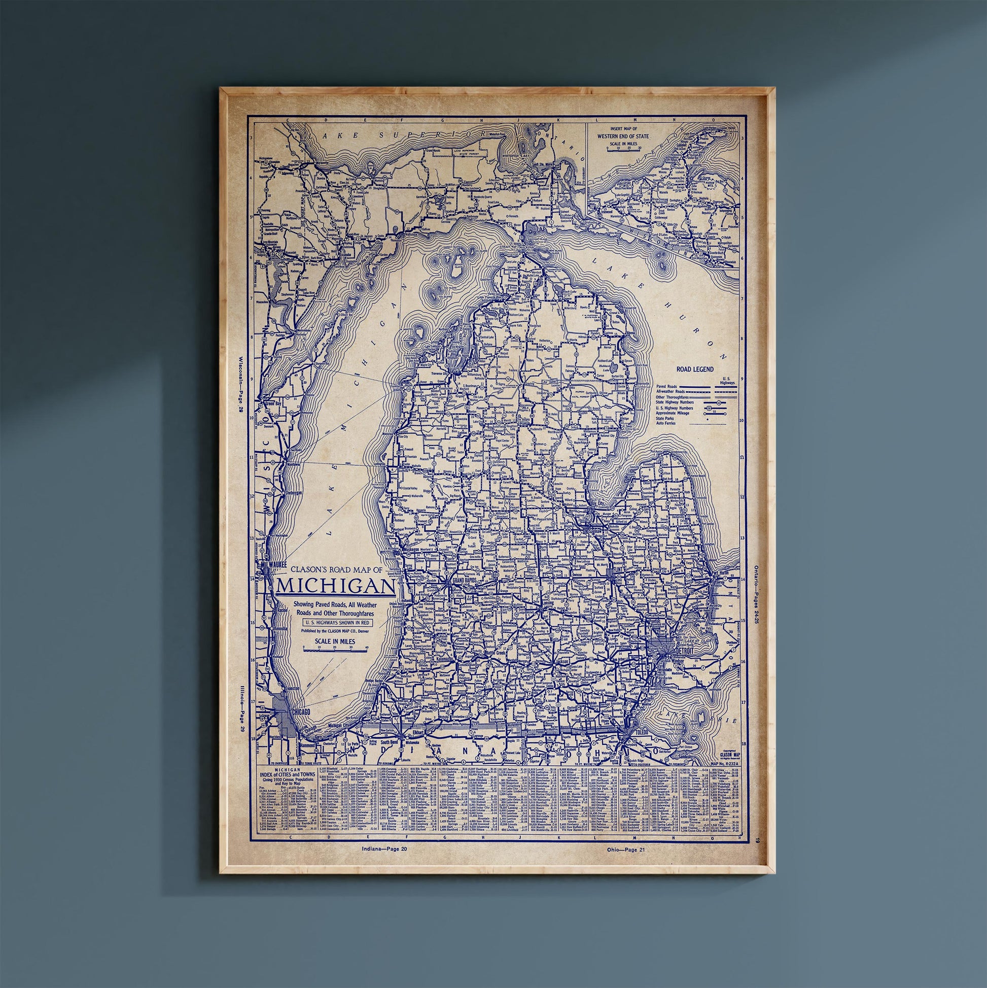 The image is a vintage map of Michigan, showing the state's roads and highways in a detailed and detailed manner.