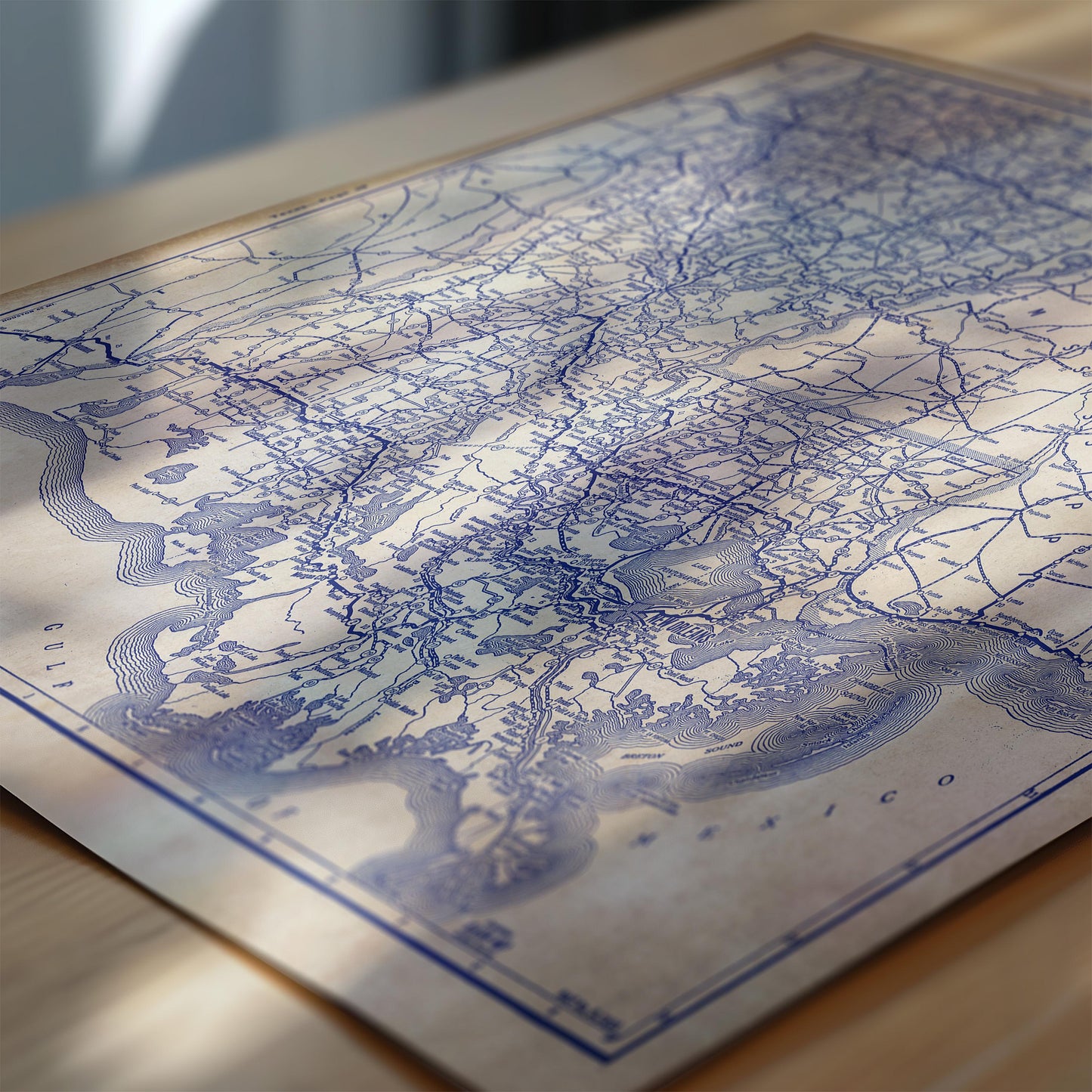 The image is a detailed map of a region, possibly a country or region, with various geographical features and landmarks depicted. The map appears to be in a vintage style, with blue and white colors. The image is placed on a wooden surface, and there is a shadow visible, suggesting that the photo was taken in a well-lit area.