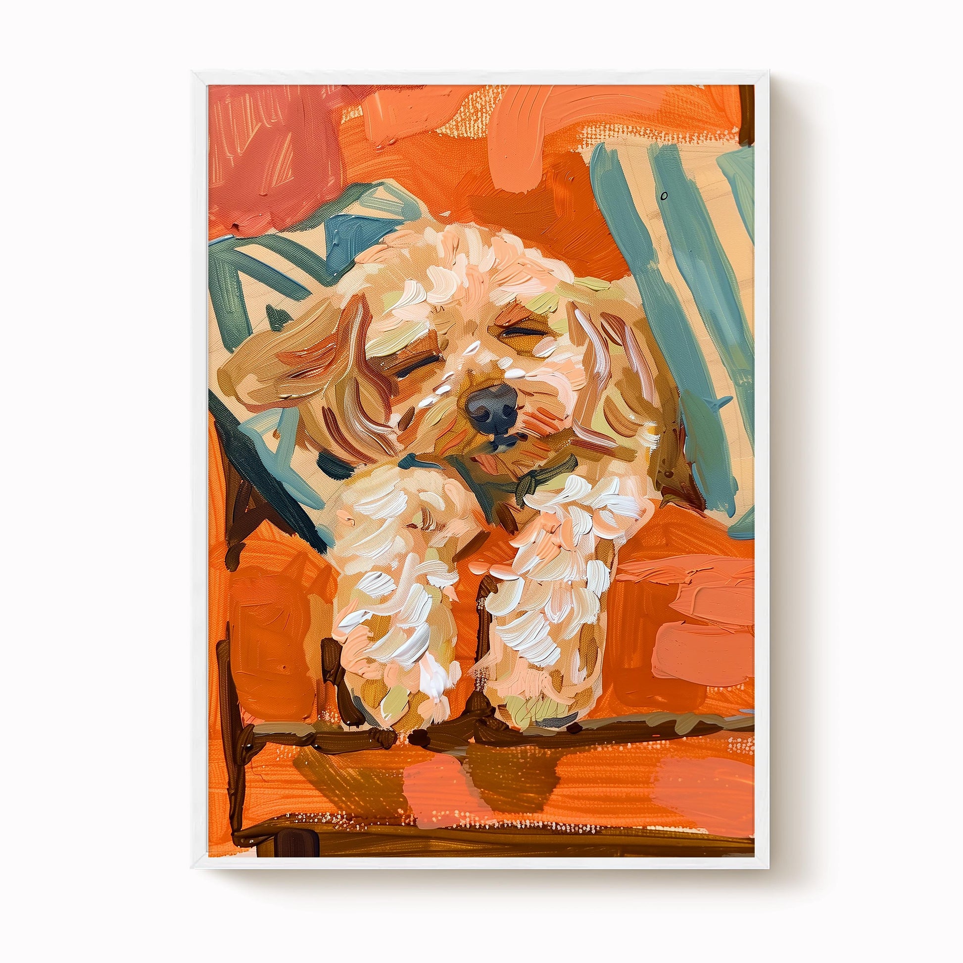 The image is a vibrant painting depicting a dog resting on an orange chair, surrounded by abstract orange and blue brushstrokes.