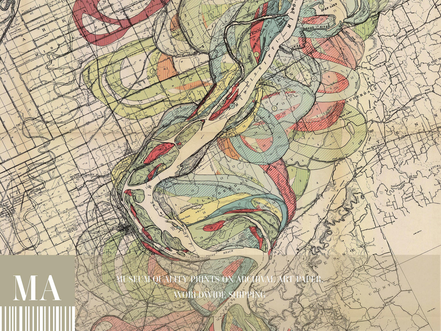 Harold Fisk Mississippi River Map Print, Caruthersville, MO to Osceola, AR, Plate 22, Sheet 4