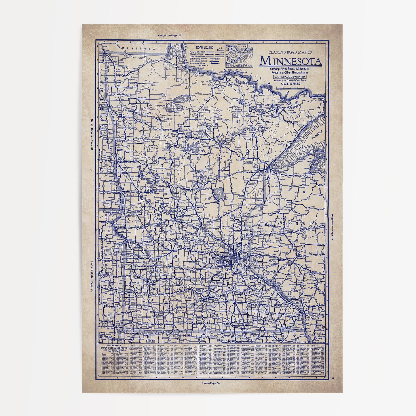 The image is a vintage map of Minnesota, showing the state's roads and highways in a detailed and intricate manner.