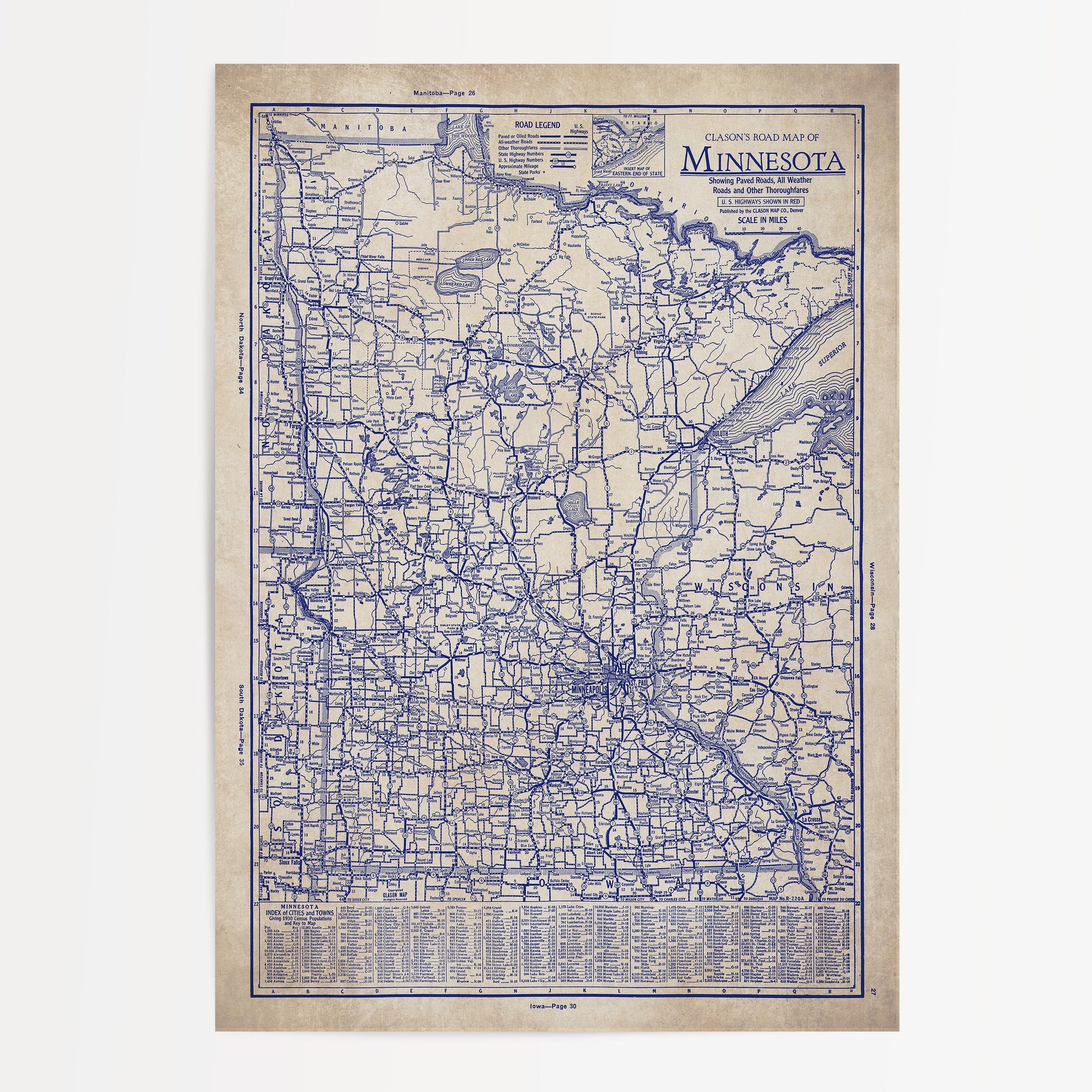 The image is a vintage map of Minnesota, showing the state's roads and highways in a detailed and intricate manner.