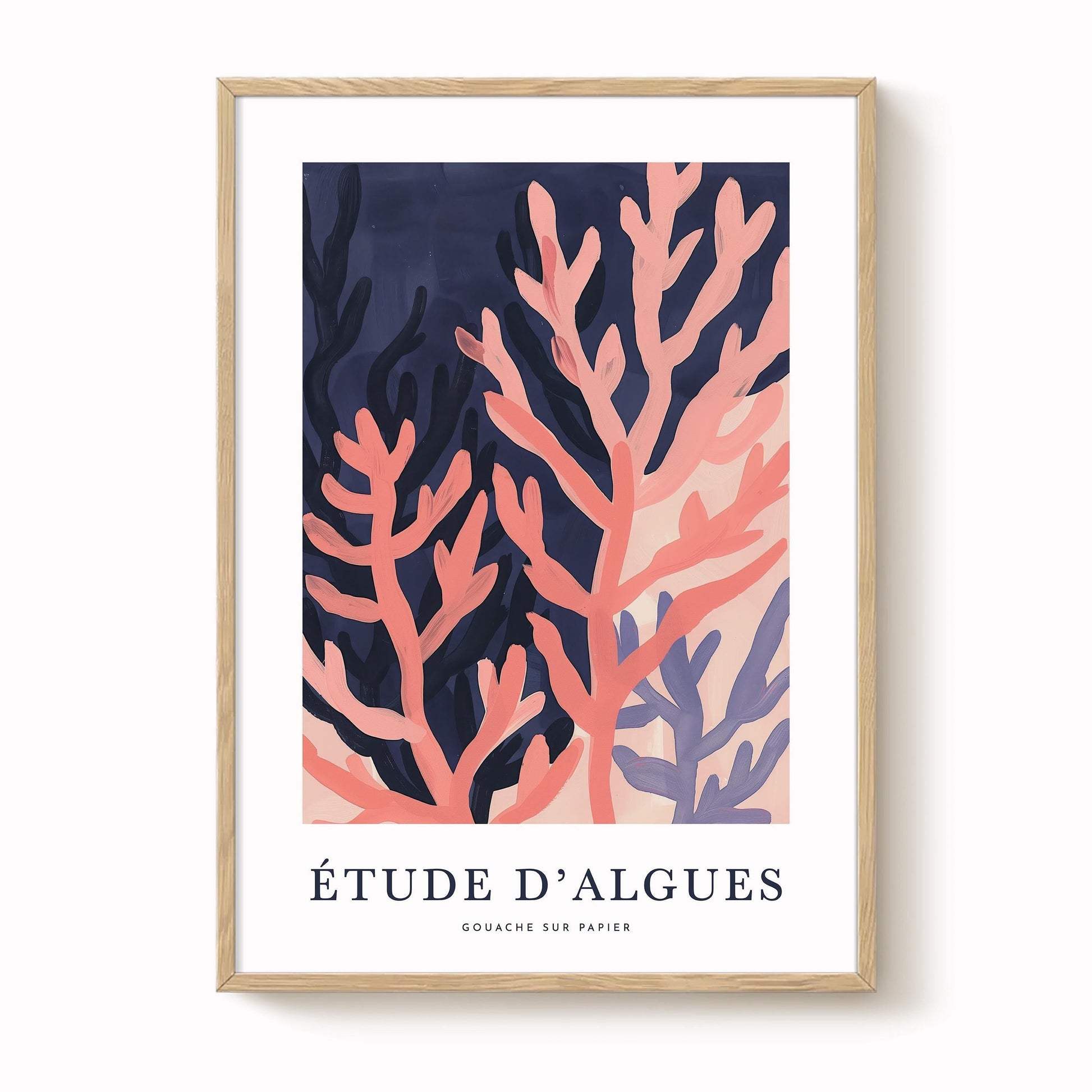 The image is a framed poster featuring an abstract illustration of coral or seaweed in shades of pink and blue.