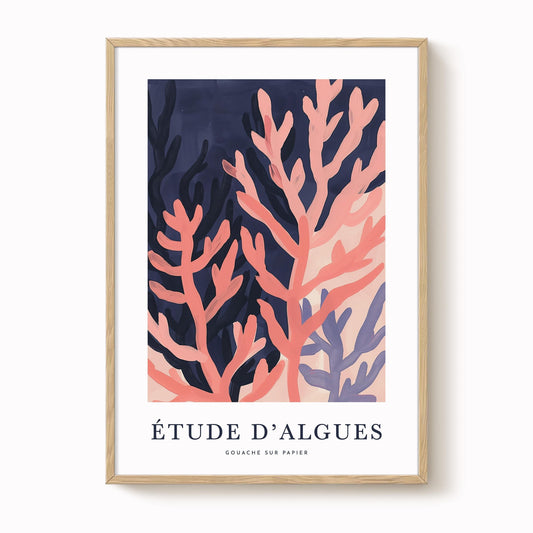 The image is a framed poster featuring an abstract illustration of coral or seaweed in shades of pink and blue.