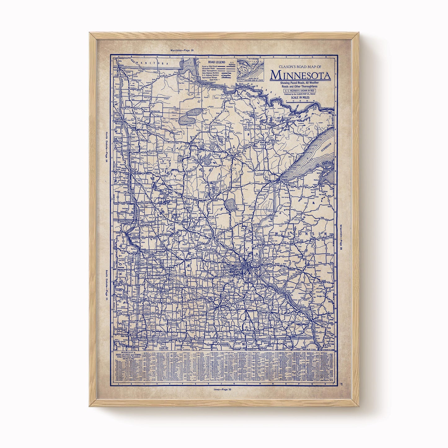 The image is a framed vintage map of Minnesota, showing the state's roads and highways in a detailed and intricate manner.