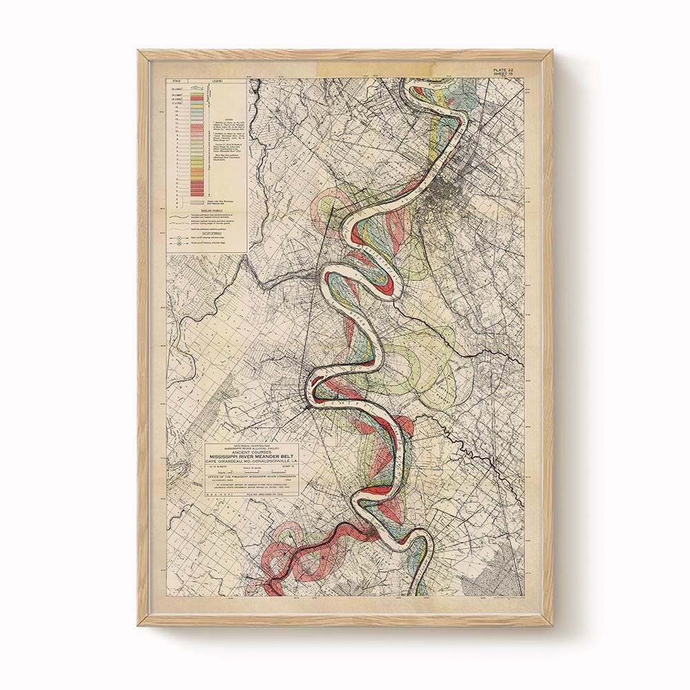 Harold Fisk Mississippi River Map Print, Baton Rouge to New Orleans, Plate 22, Sheet 15