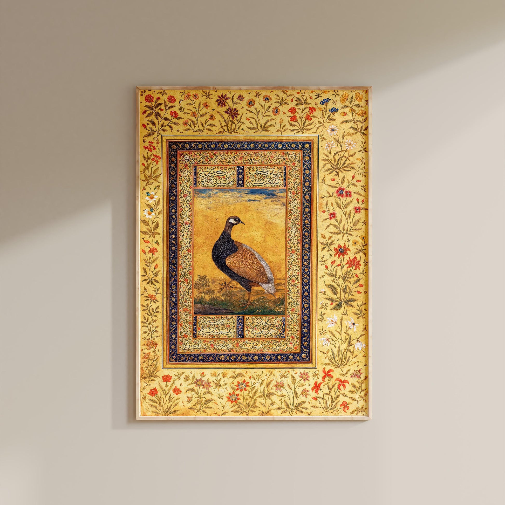 a framed painting of a bird, likely a parrot, set against a yellow and blue floral background.