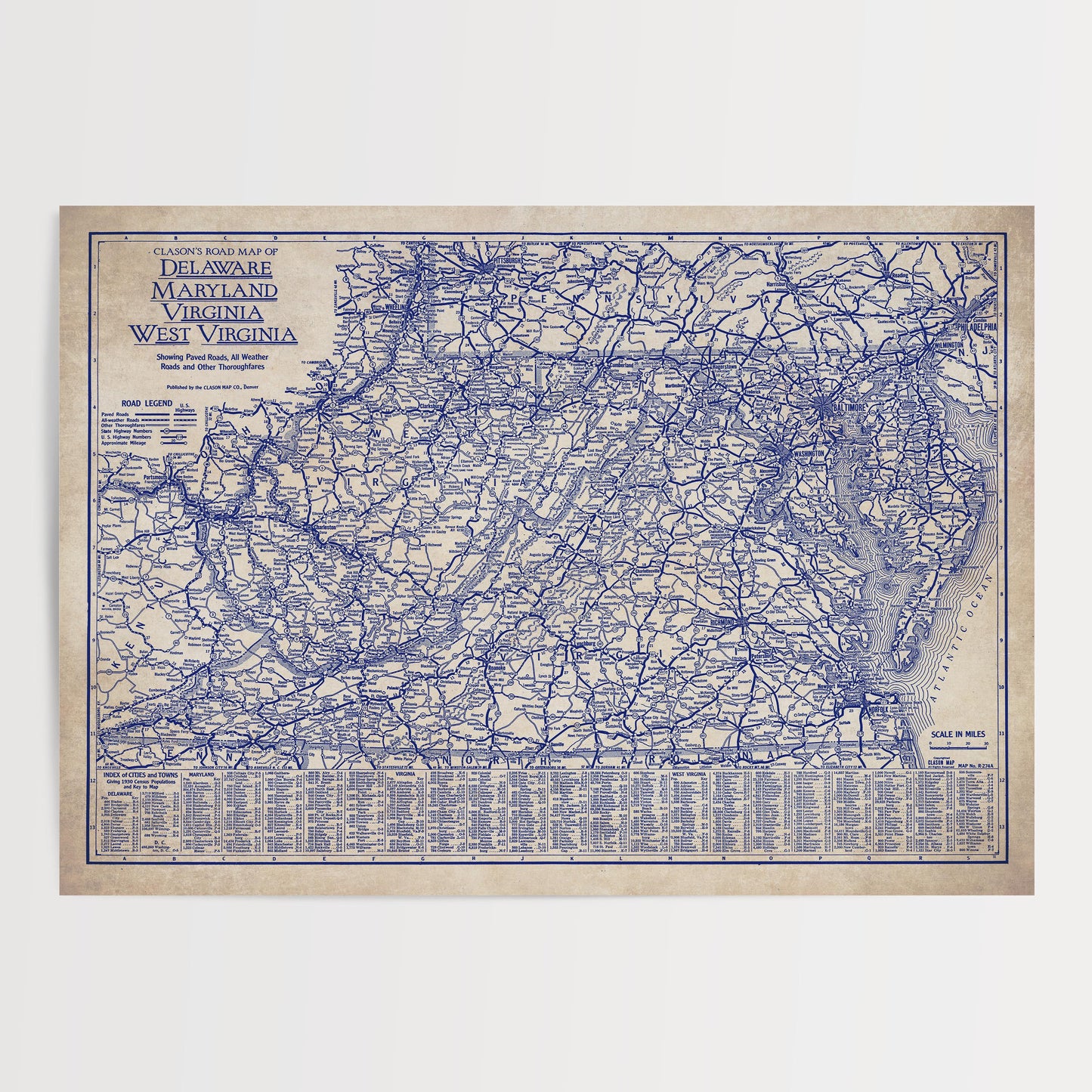 The image is a vintage map of the United States, specifically focusing on the state of Maryland and West Virginia.