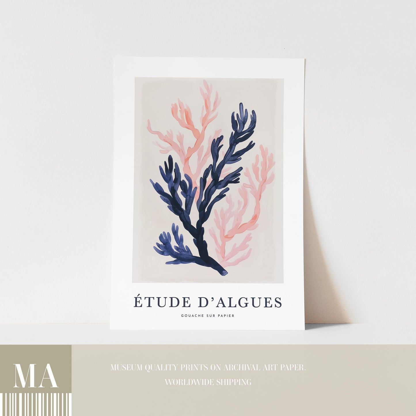 The image is a poster featuring an abstract floral design with blue and pink elements, displayed on a white background.