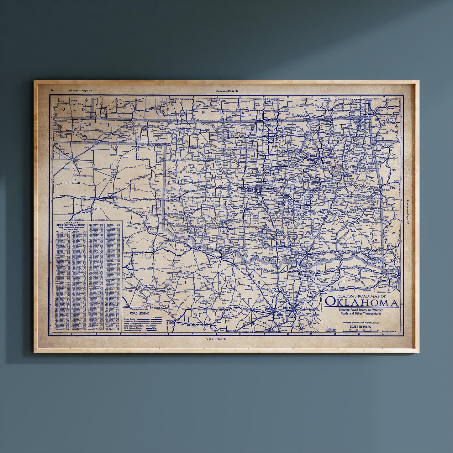 The image is a framed vintage map of the state of Oklahoma, showing the state's roads and highways.
