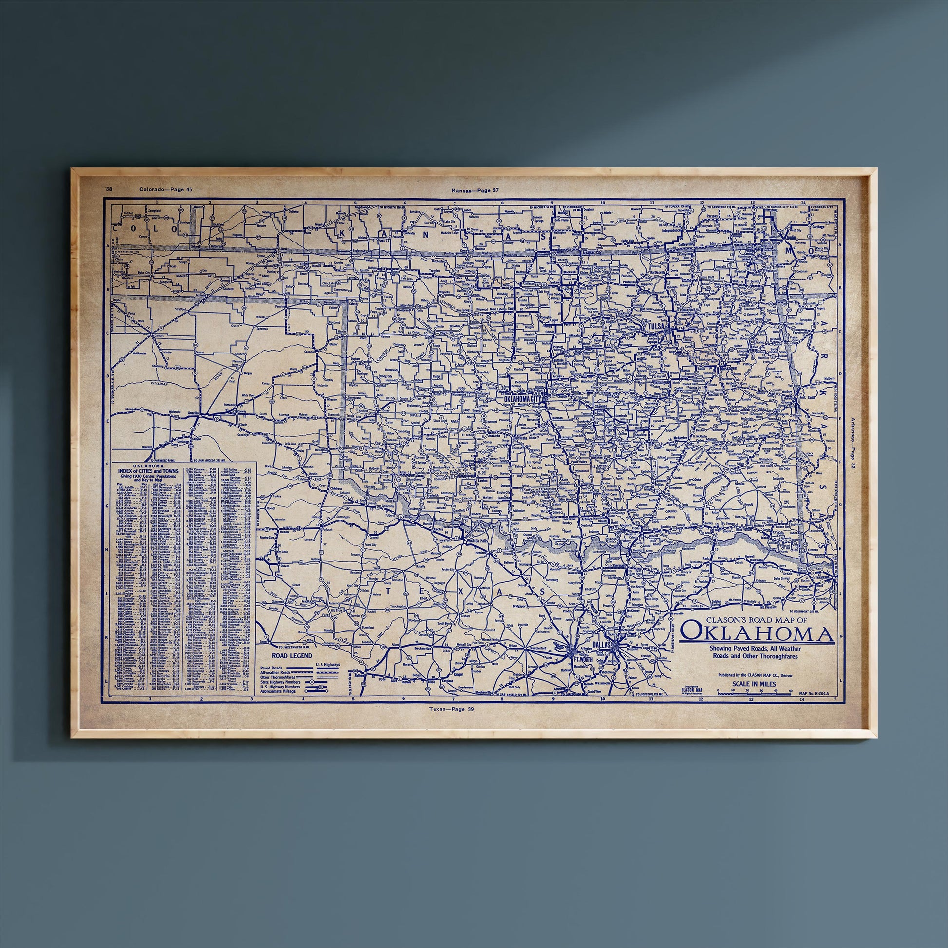The image is a framed vintage map of the state of Oklahoma, showing the state's roads and highways.