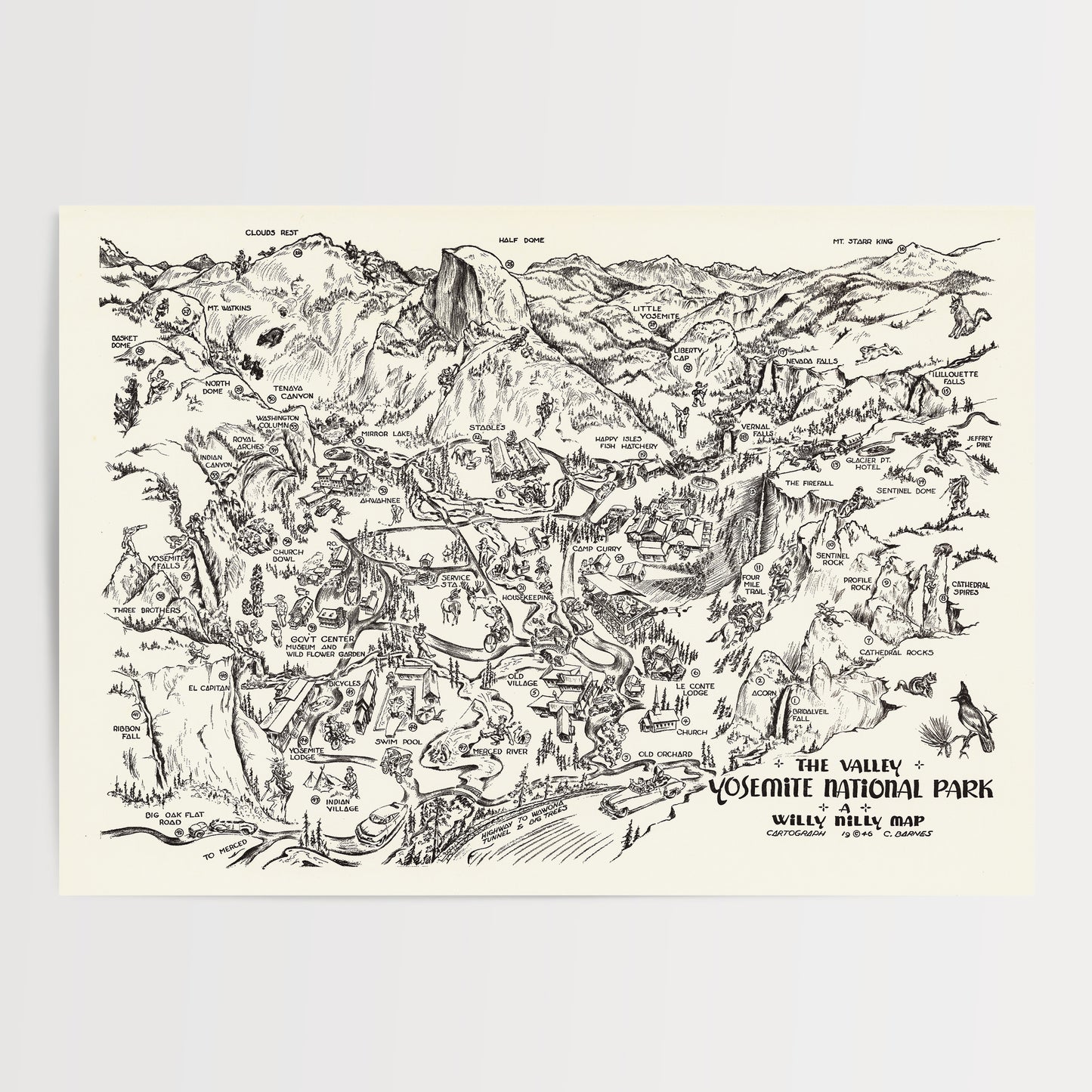 The image is a detailed black and white map of the Valley of the Kings and Yosemite National Park, depicting various landmarks and natural features.