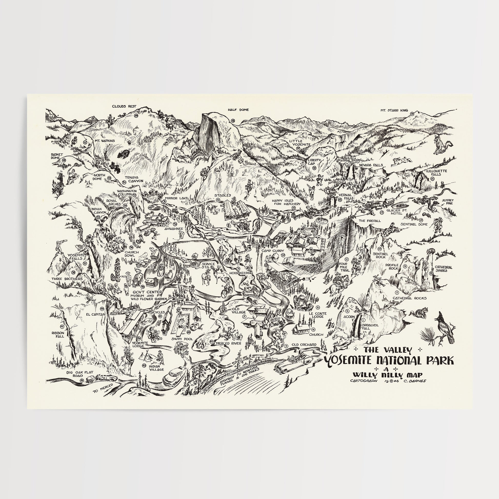 The image is a detailed black and white map of the Valley of the Kings and Yosemite National Park, depicting various landmarks and natural features.