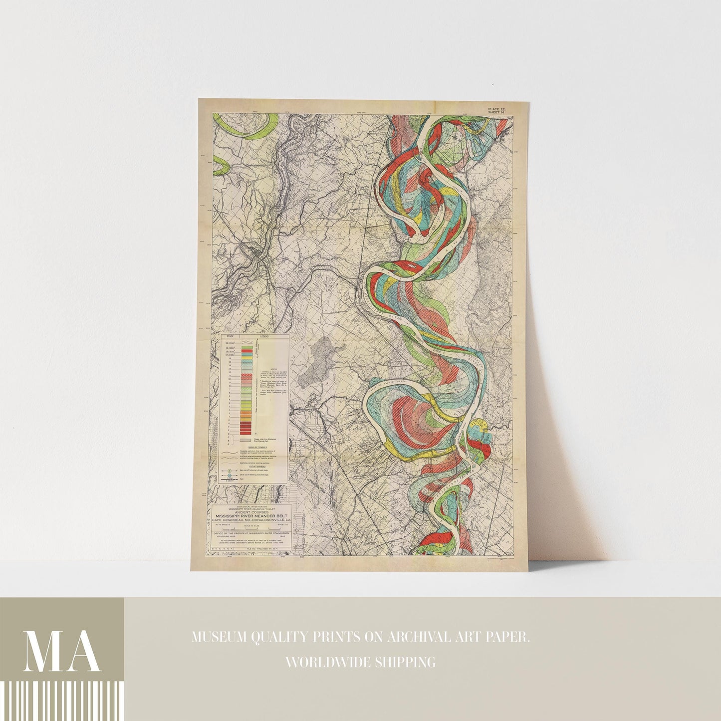 Harold Fisk Mississippi River Map Print, Donaldsonville to Baton Rouge, LA, Plate 22, Sheet 14