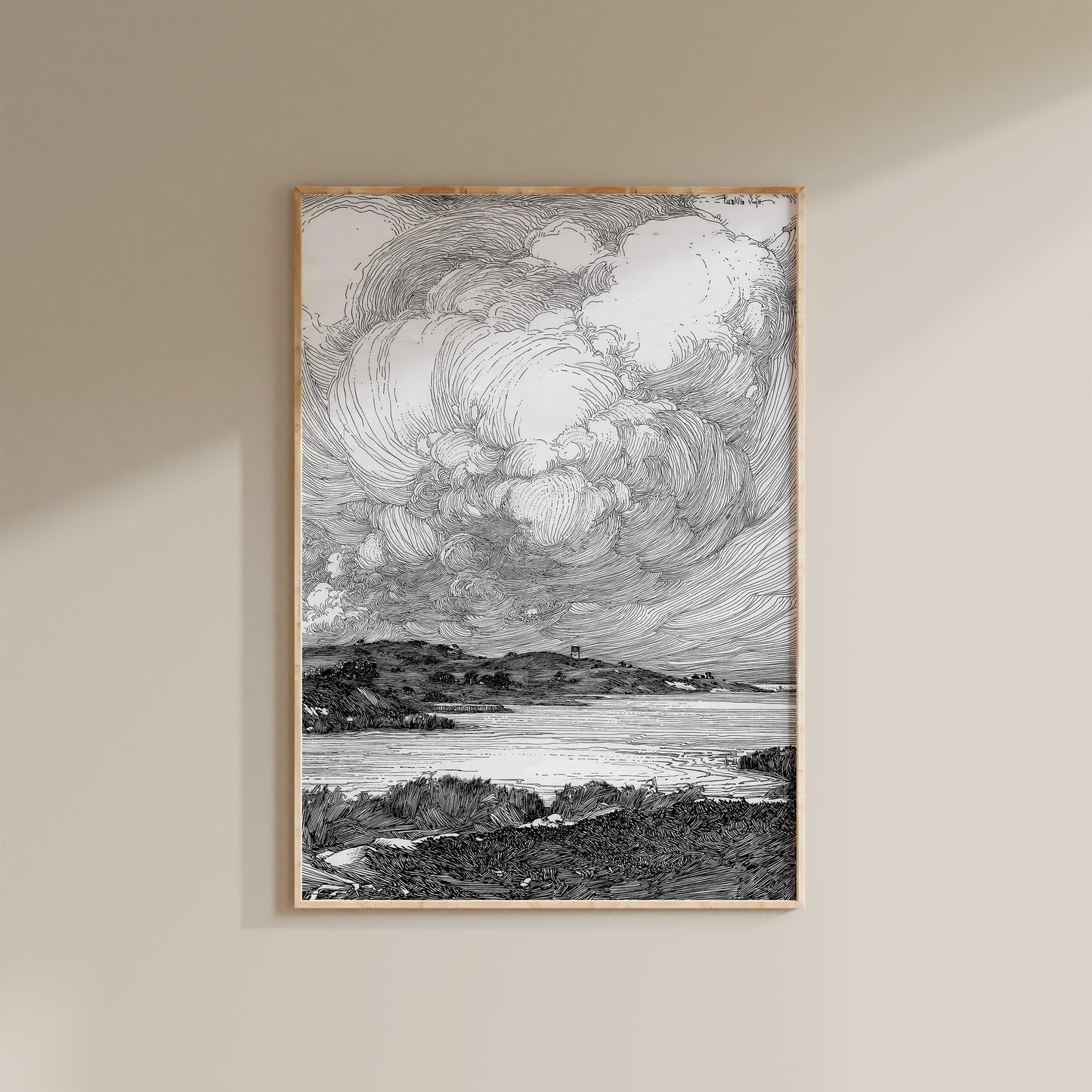 The image is a framed black and white illustration depicting a serene landscape with a body of water and mountains in the background.