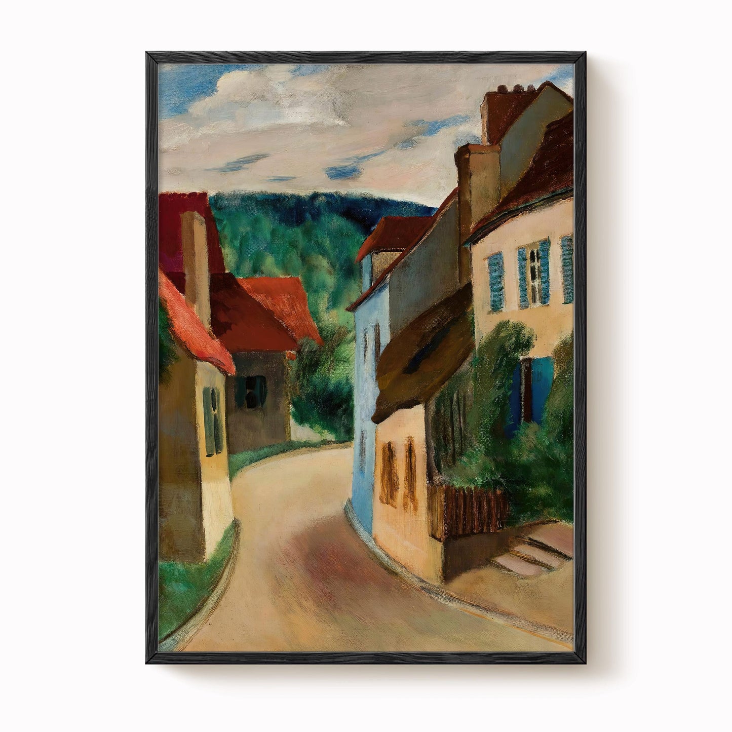 The image is a painting depicting a quaint village street with colorful houses and a winding road.