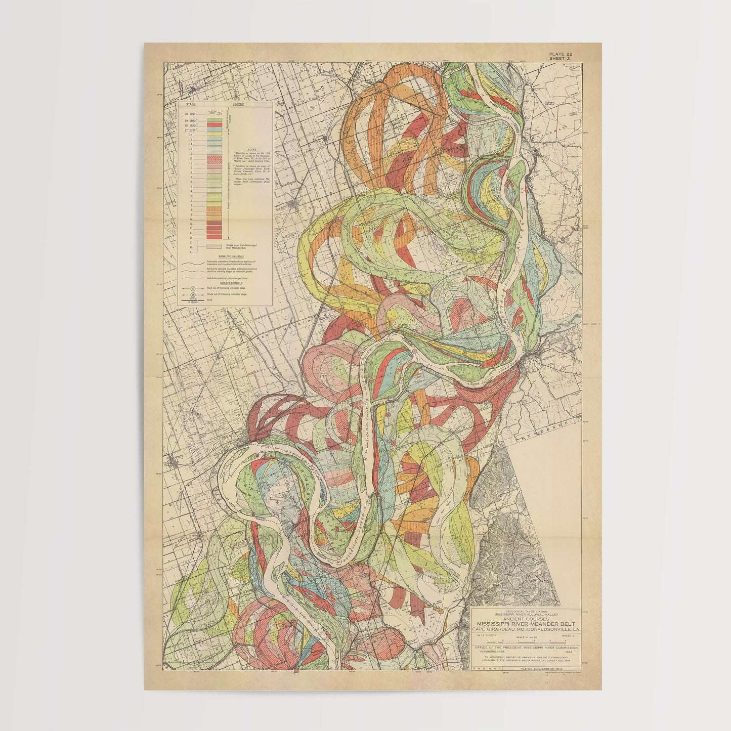 Harold Fisk Mississippi River Map Print, Commerce, MO to New Madrid, MO, Plate 22, Sheet 2
