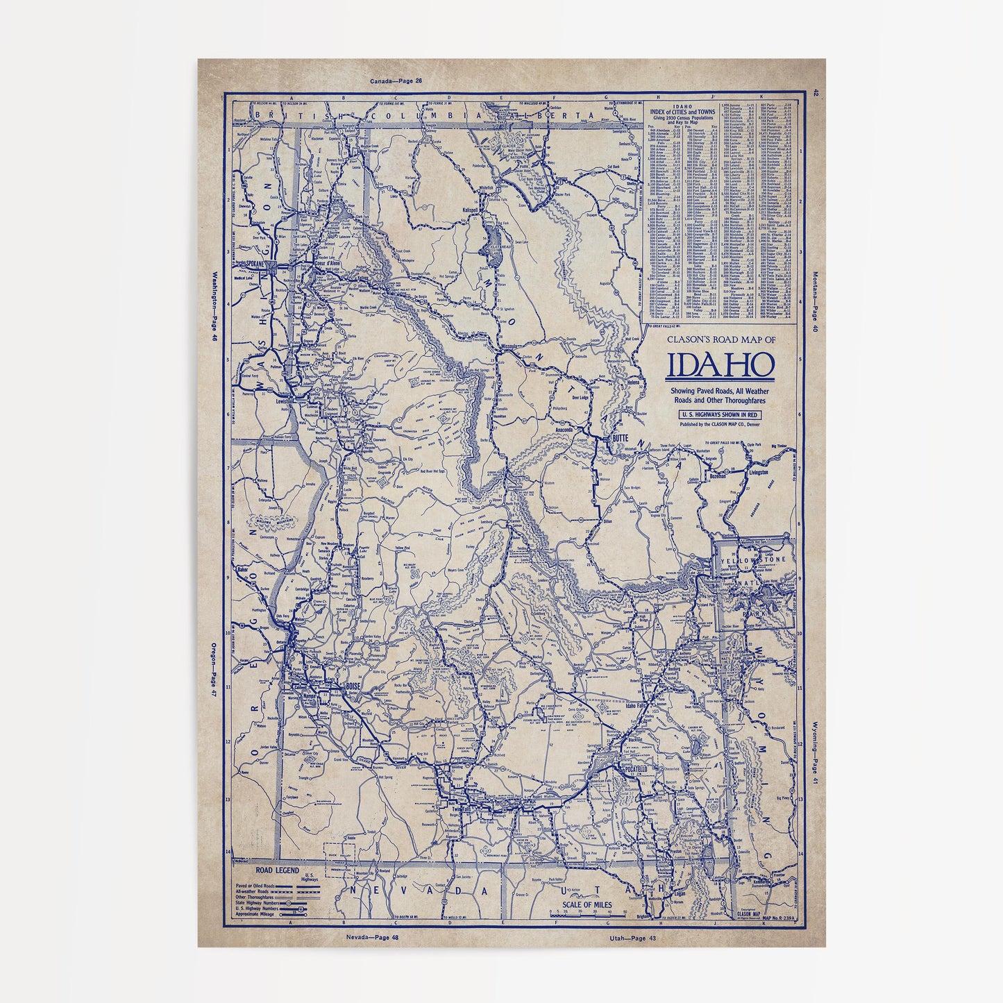 The image is a vintage map of Idaho, showing the state's roads and highways in a detailed and intricate manner.