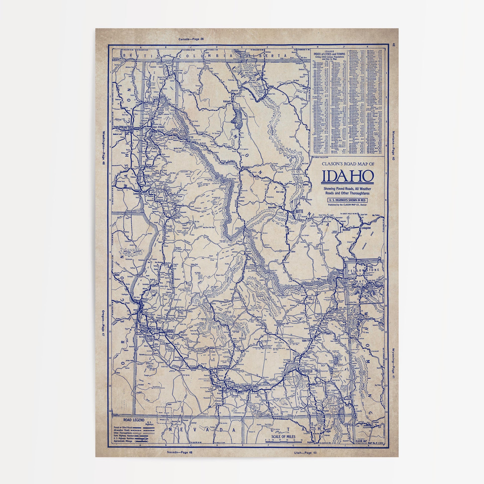 The image is a vintage map of Idaho, showing the state's roads and highways in a detailed and intricate manner.