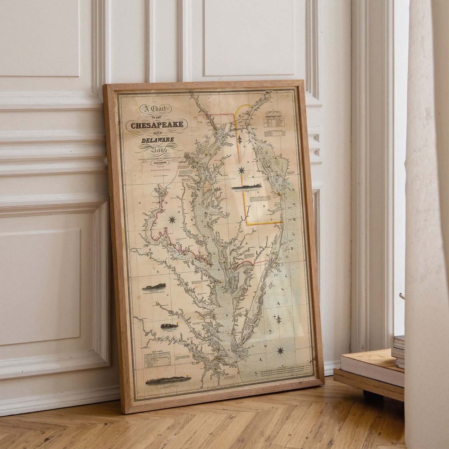 A framed map of the Chesapeake Bay region, depicting the area from the early 19th century.