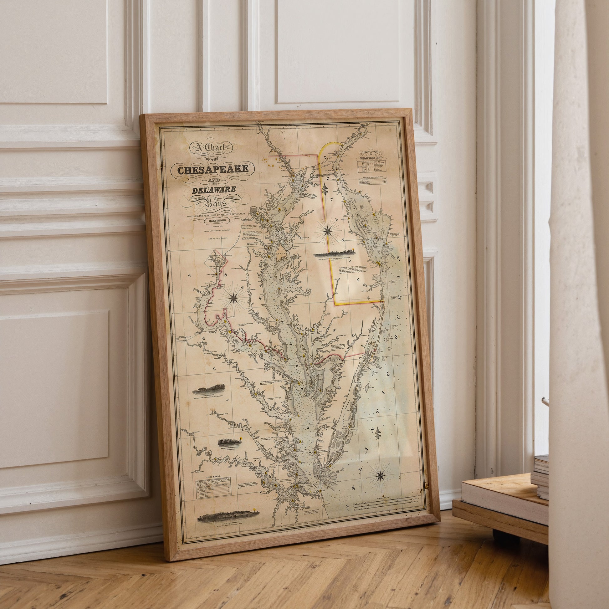 A framed map of the Chesapeake Bay region, depicting the area from the early 19th century.