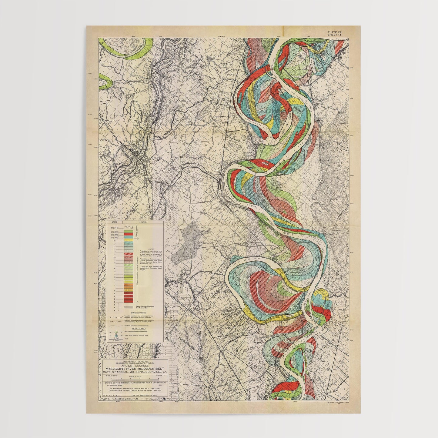 Harold Fisk Mississippi River Map Print, Donaldsonville to Baton Rouge, LA, Plate 22, Sheet 14