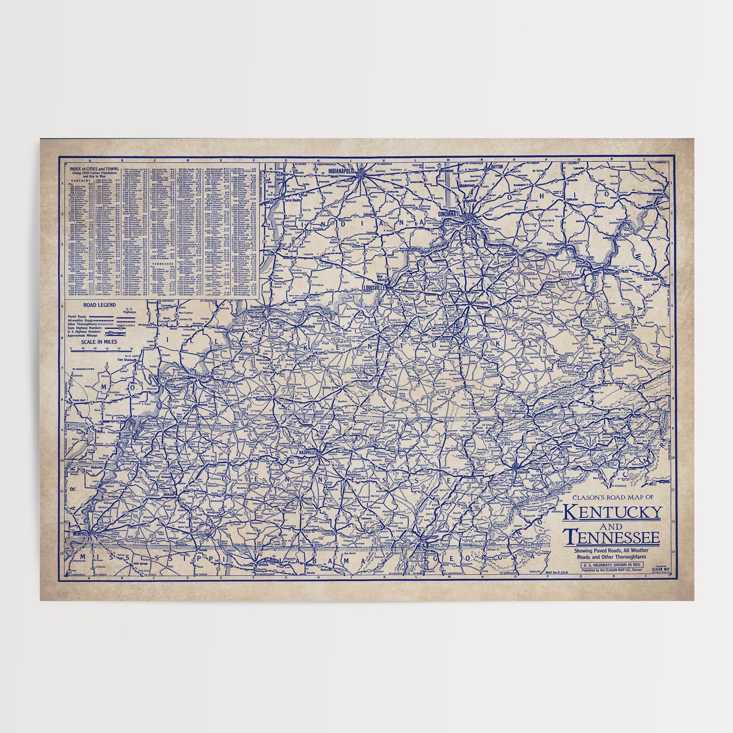 The image is a vintage map of Kentucky, Tennessee, and Ohio, depicting the state's roads and highways in a detailed and intricate manner.