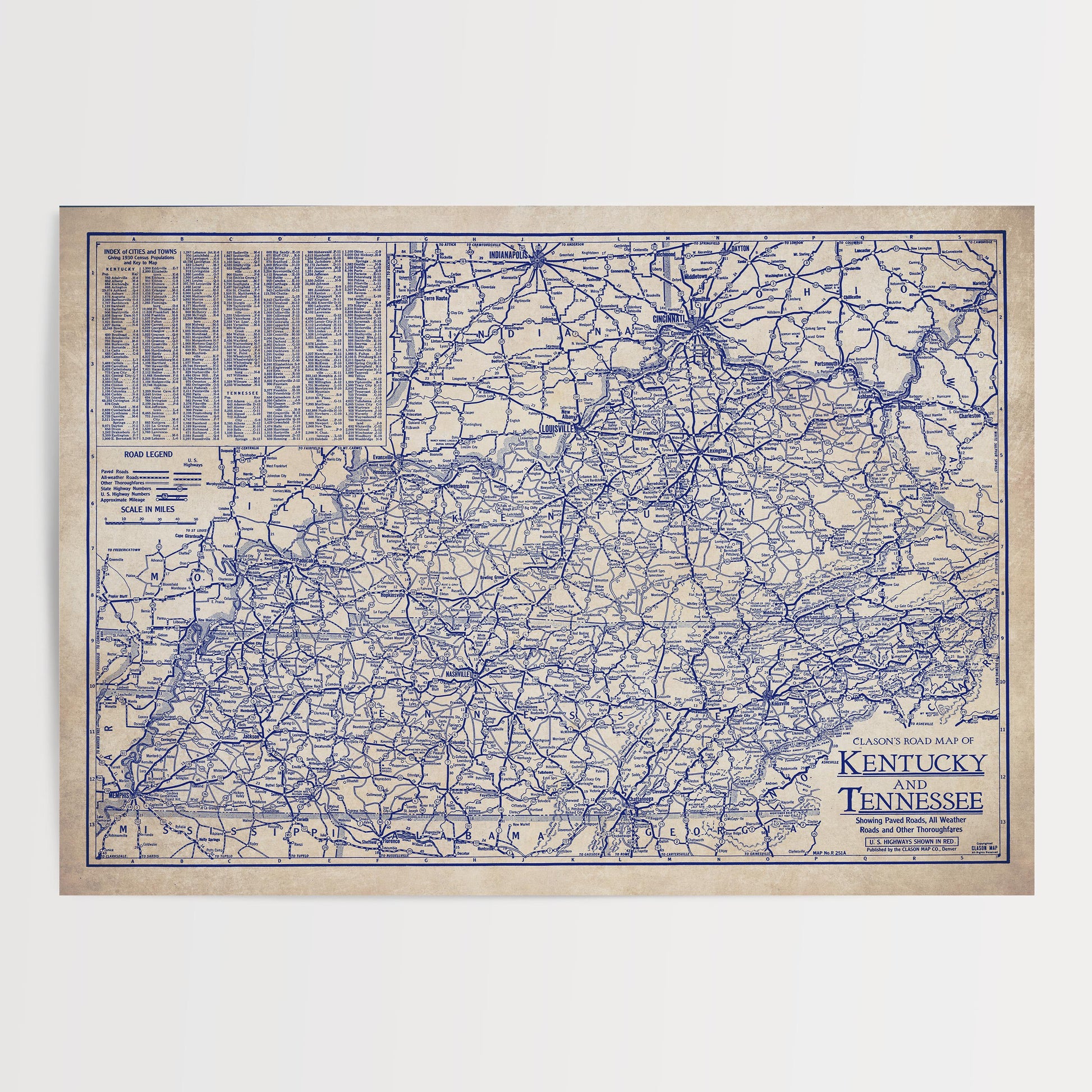 The image is a vintage map of Kentucky, Tennessee, and Ohio, depicting the state's roads and highways in a detailed and intricate manner.