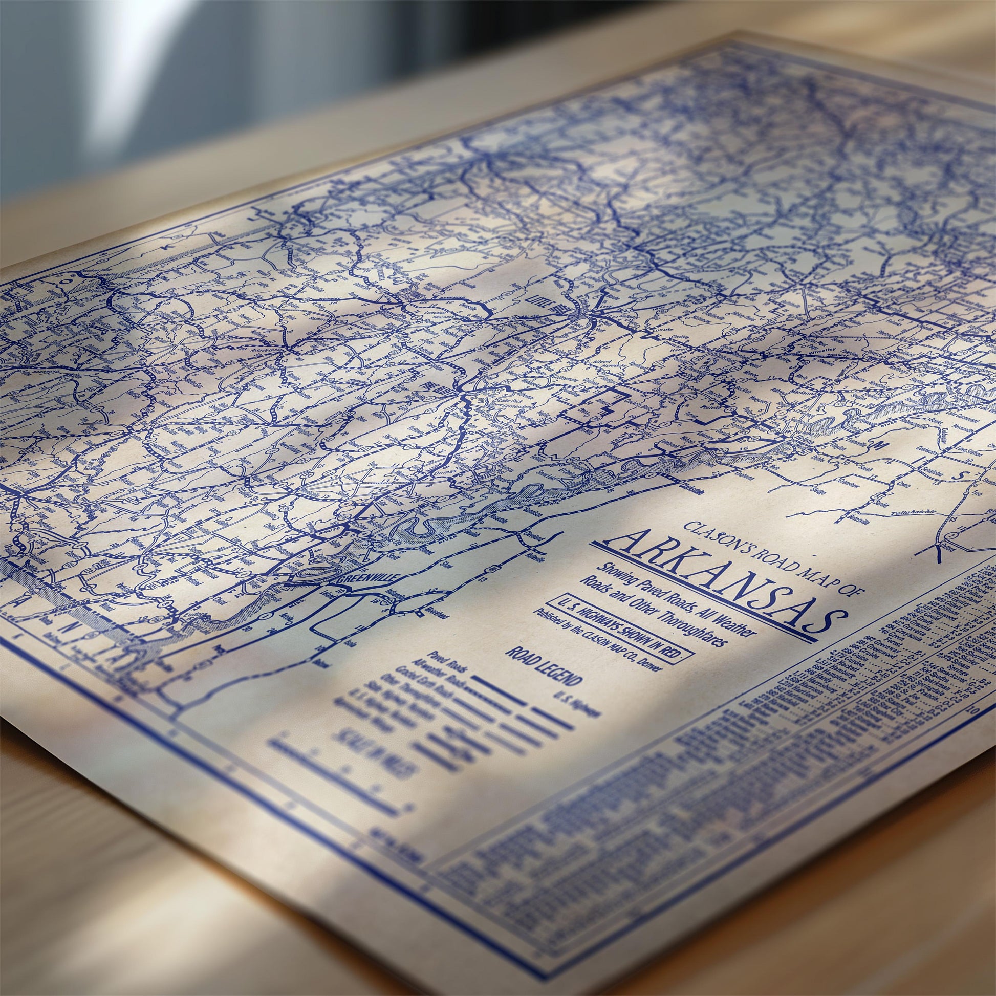The image is a detailed map of Arkansas, showing the state's roads and major highways.