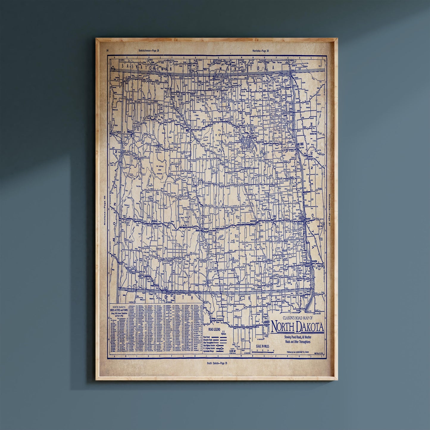 The image is a framed vintage map of North Dakota, showing the state's roads and highways.