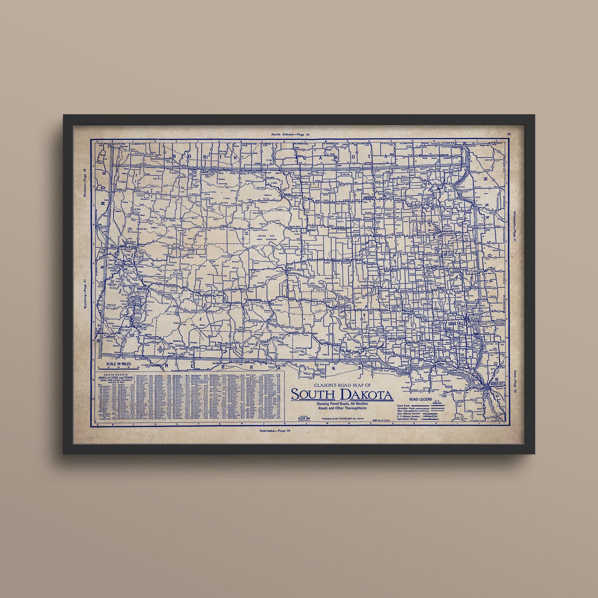 The image is a framed vintage map of South Dakota, showing the state's roads and highways in a detailed and detailed manner.