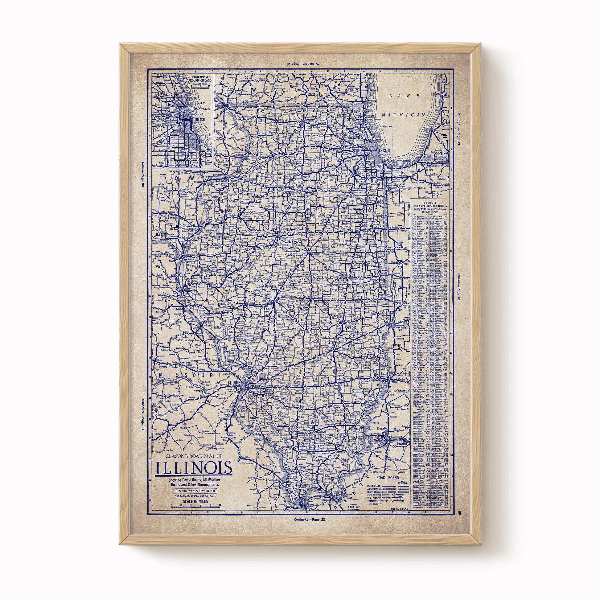 The image is a framed vintage map of Illinois, showing the state's roads, highways, and major cities.