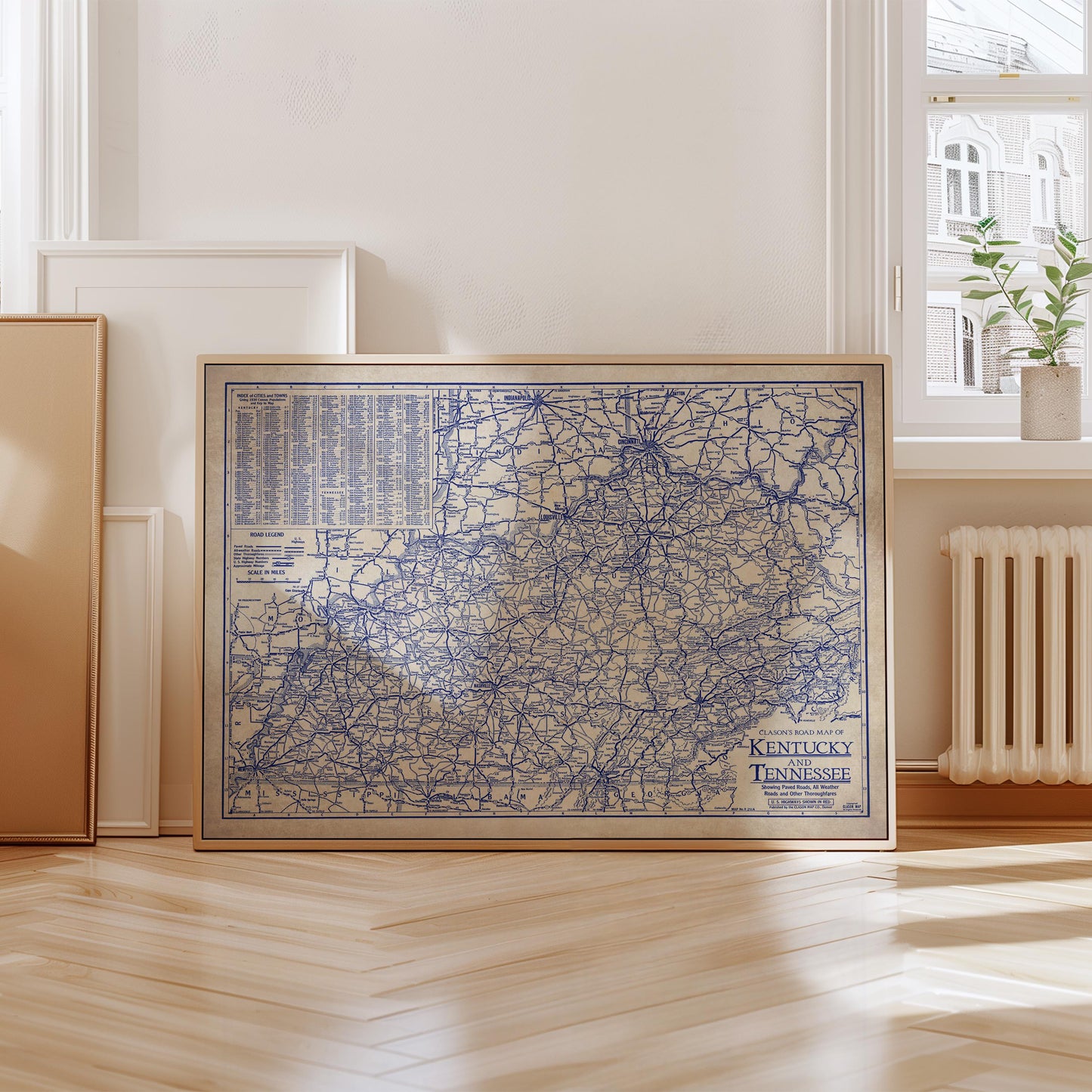 a framed map of Kentucky, Tennessee, and Virginia, with a detailed and intricate design.
