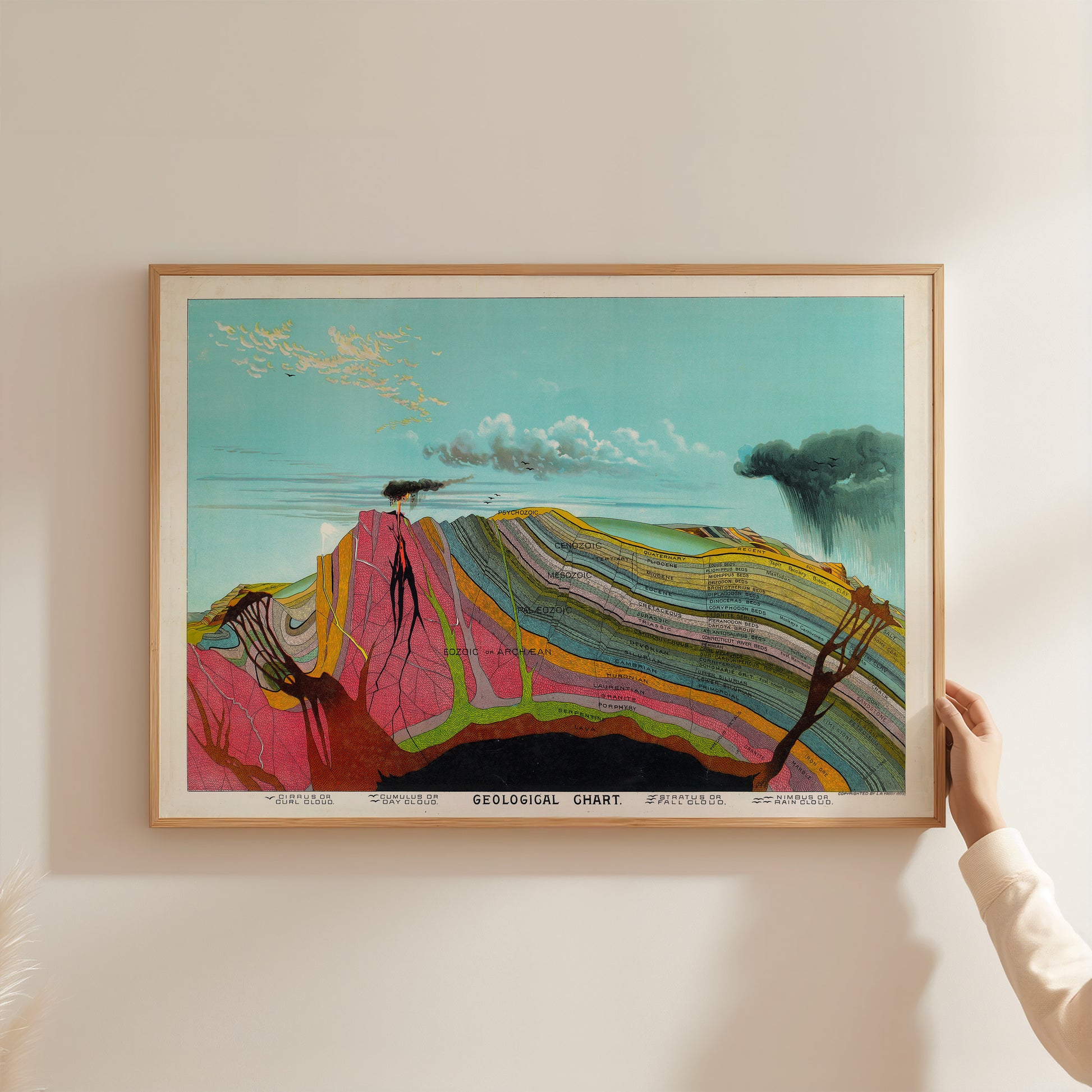 A person is holding up a framed painting of a colorful, abstract landscape with various elements such as mountains, clouds, and a rainbow-like effect.