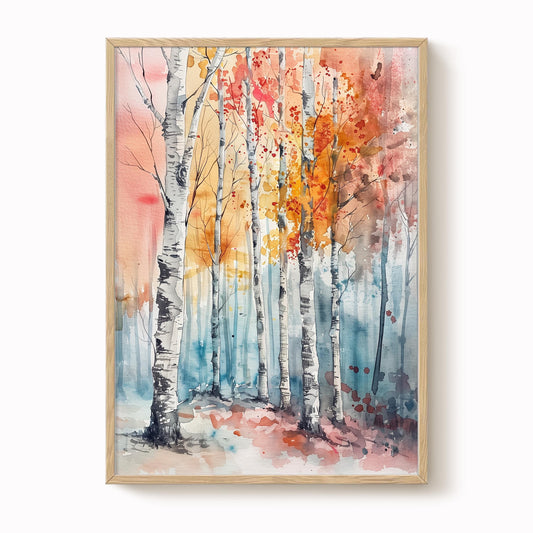Autumn Birch Trees Watercolour Print