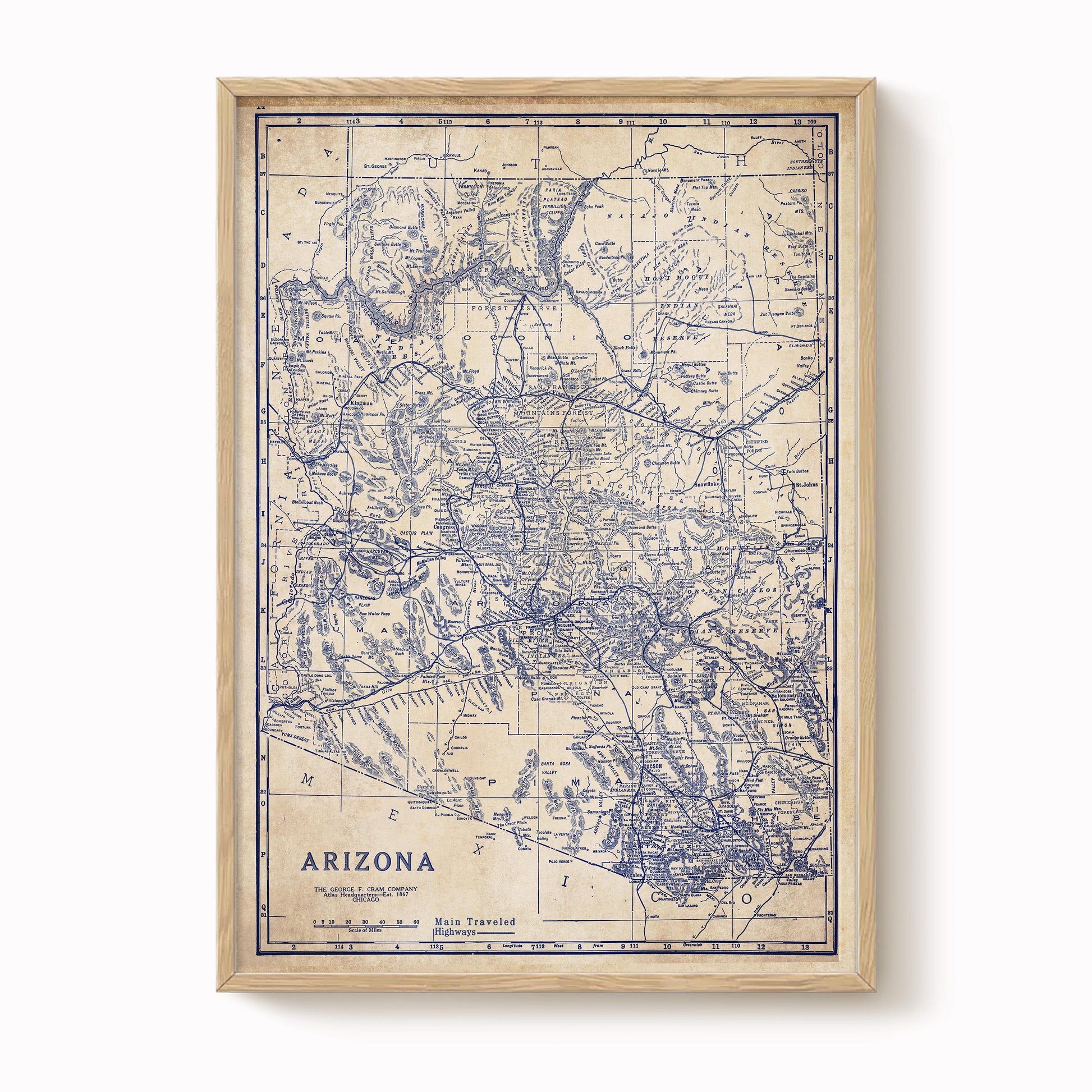 The image is a framed vintage map of Arizona, depicting the state's geographical layout and surrounding areas.