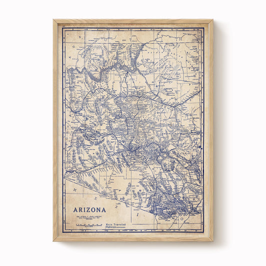 The image is a framed vintage map of Arizona, depicting the state's geographical layout and surrounding areas.
