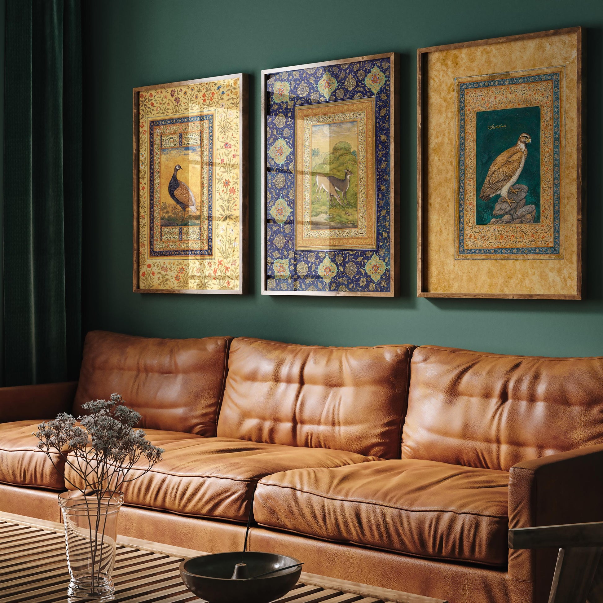 a cozy living room with a brown leather sofa, a wooden coffee table, and three framed paintings of birds on the wall.