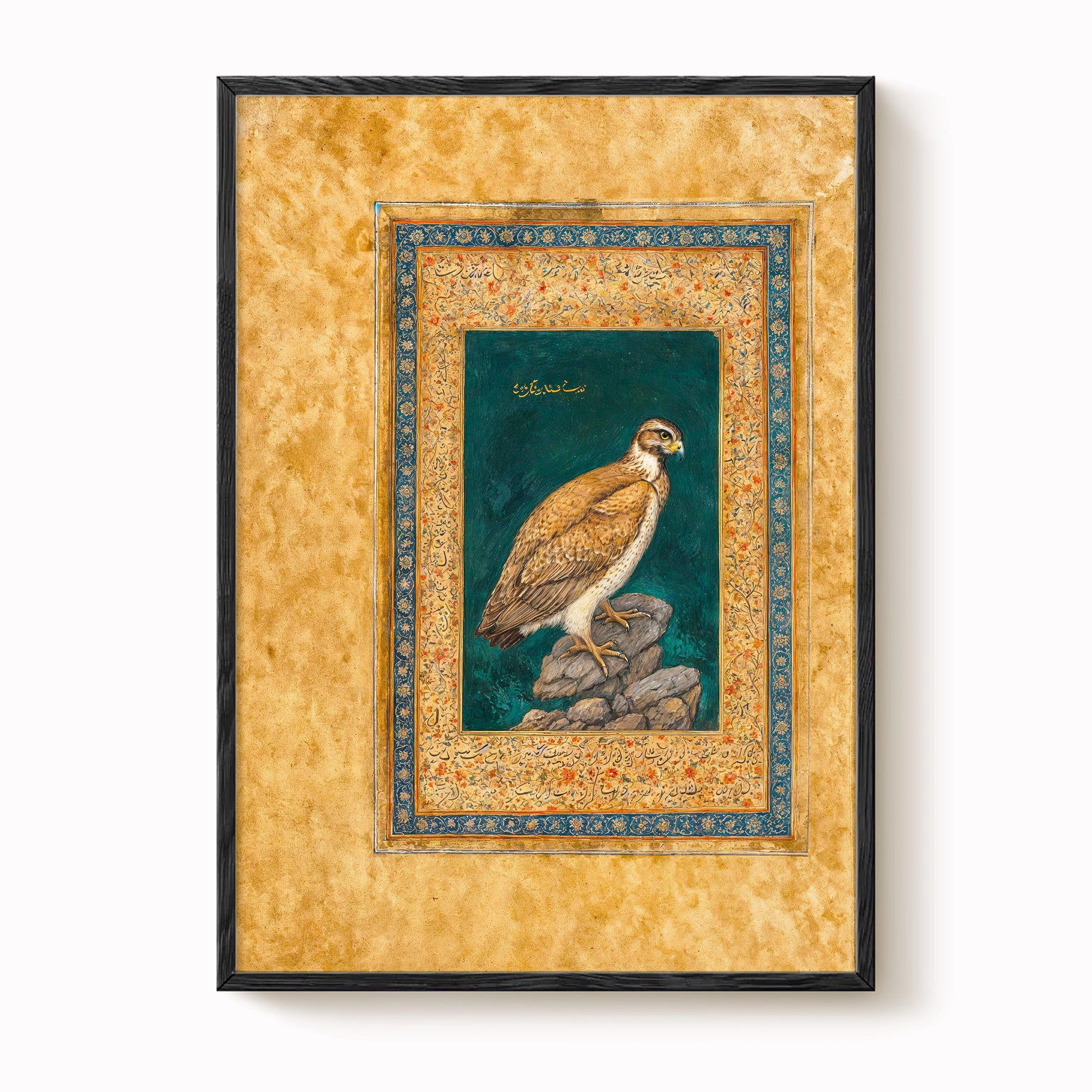 The image is a framed painting depicting a bird, likely a hawk or falcon, perched on a rock. The bird is the central focus of the artwork, which is framed within an ornate border. The painting is set against a textured yellow background, creating a visually striking contrast with the bird's colors.