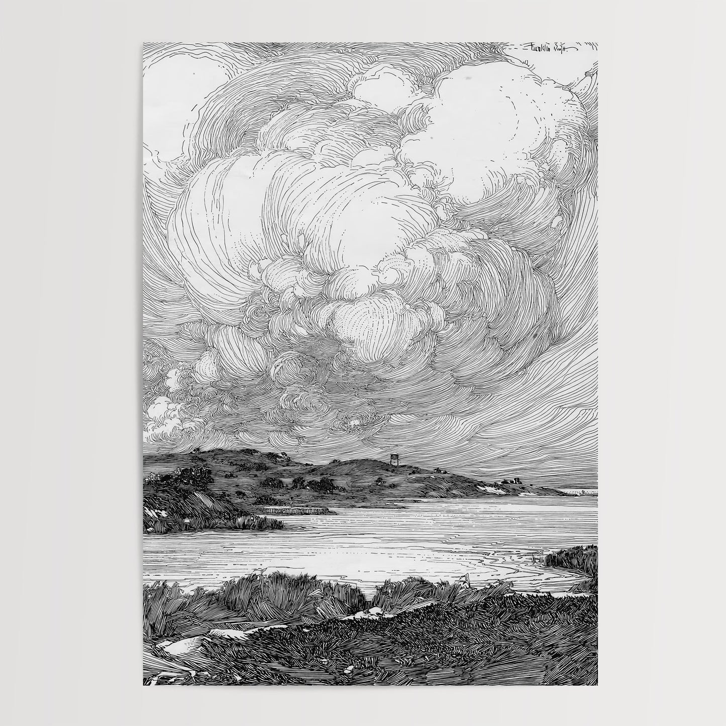 A black and white illustration depicting a serene landscape with a body of water, mountains, and a cloudy sky.