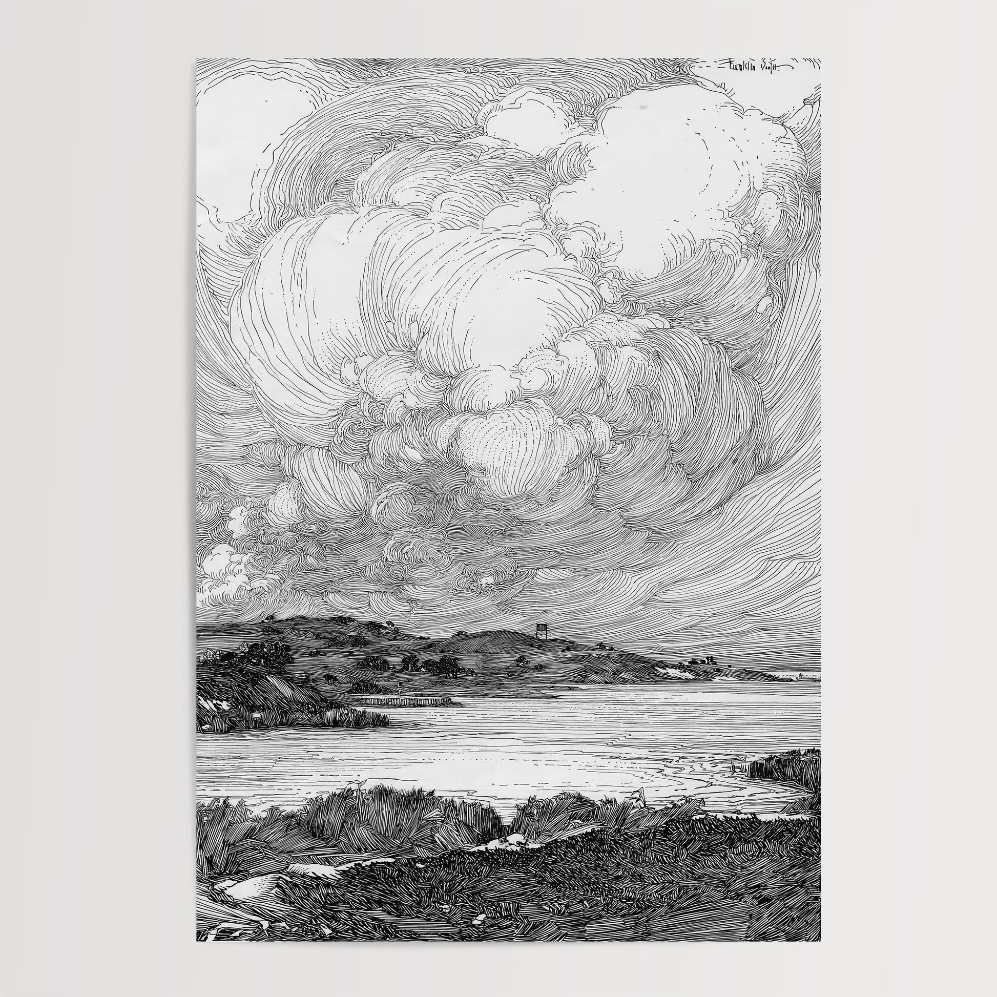 A black and white illustration depicting a serene landscape with a body of water, mountains, and a cloudy sky.