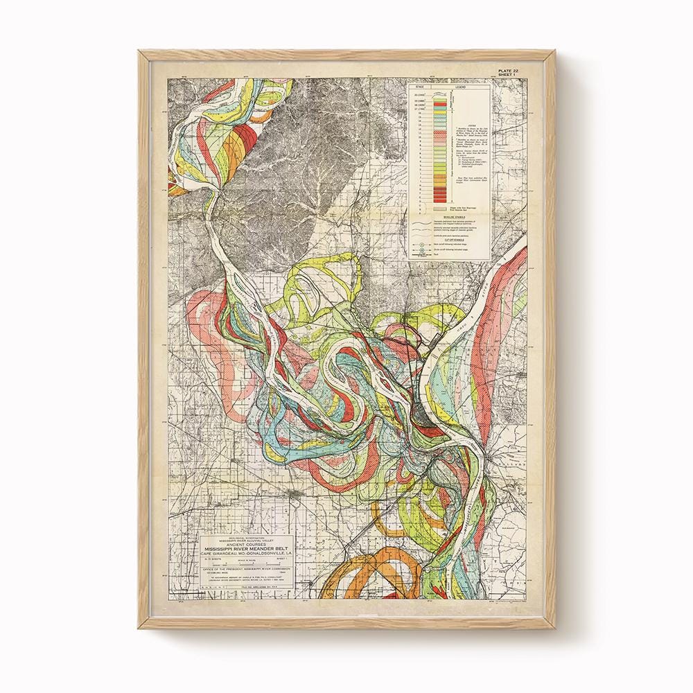 Harold Fisk Mississippi River Map Print, Cairo, IL to Commerce, MO, Plate 22, Sheet 1