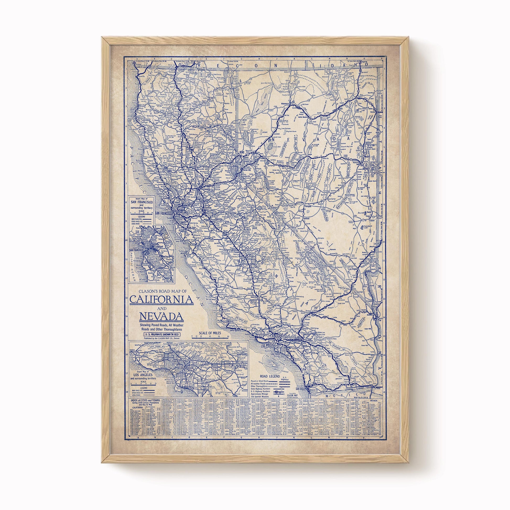 The image is a framed vintage map of California and Nevada, depicting the extensive road networks and geographical layout of the two states.