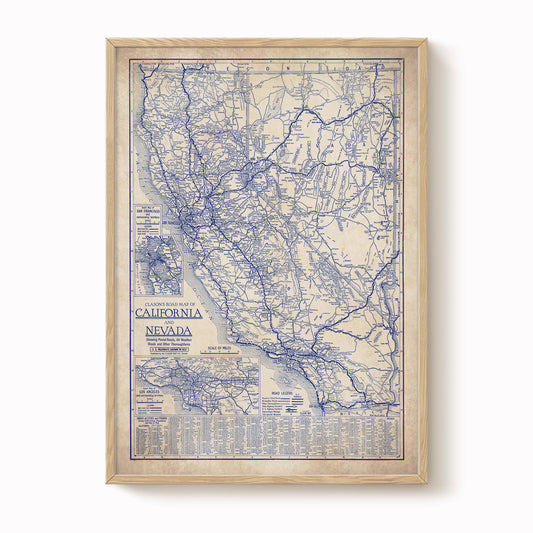 The image is a framed vintage map of California and Nevada, depicting the extensive road networks and geographical layout of the two states.