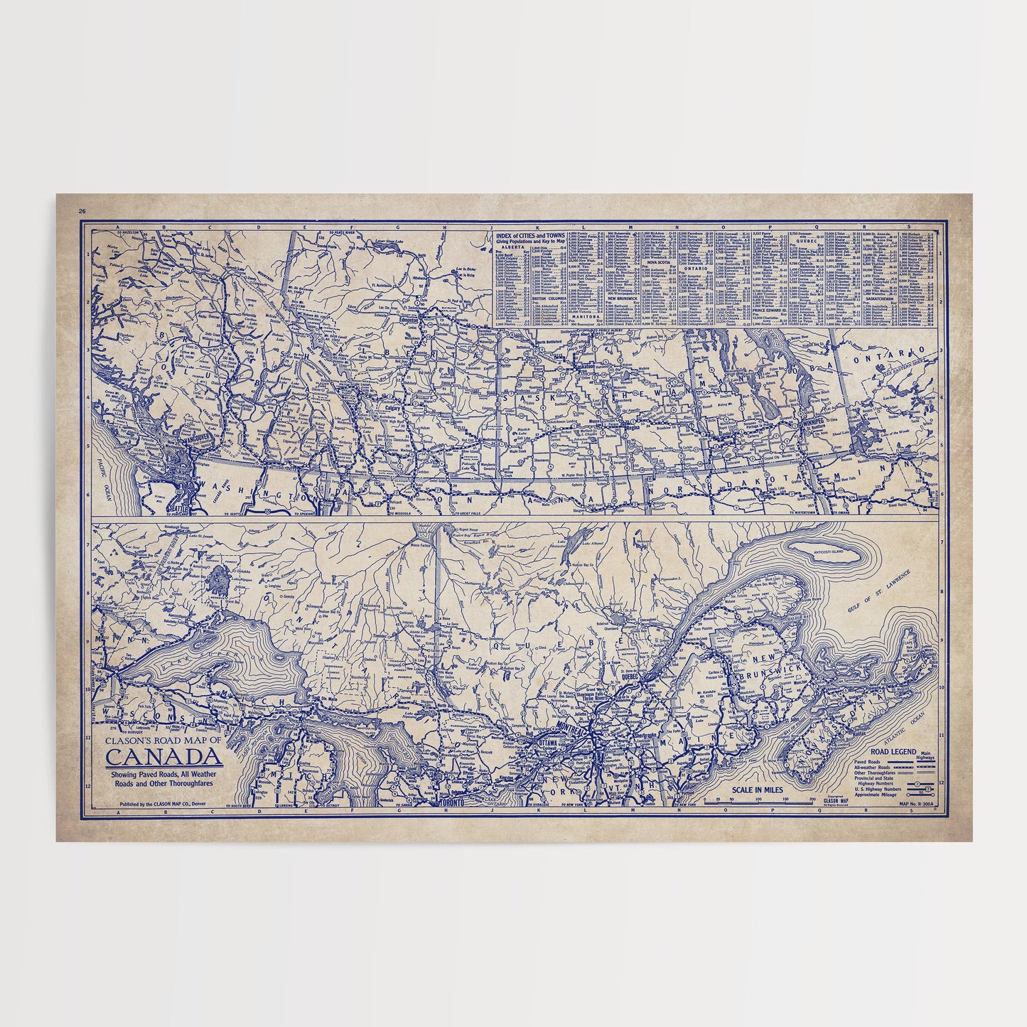 The image is a vintage map of Canada, depicting the country's geographical layout and major cities.