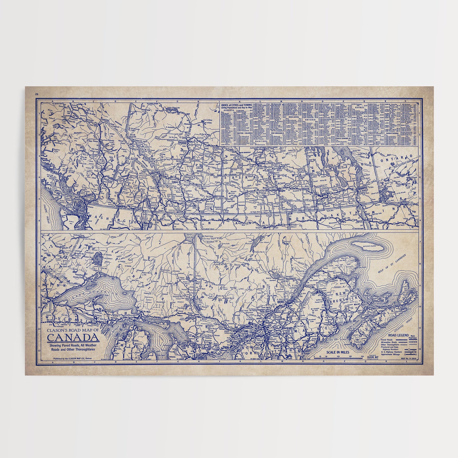 The image is a vintage map of Canada, depicting the country's geographical layout and major cities.