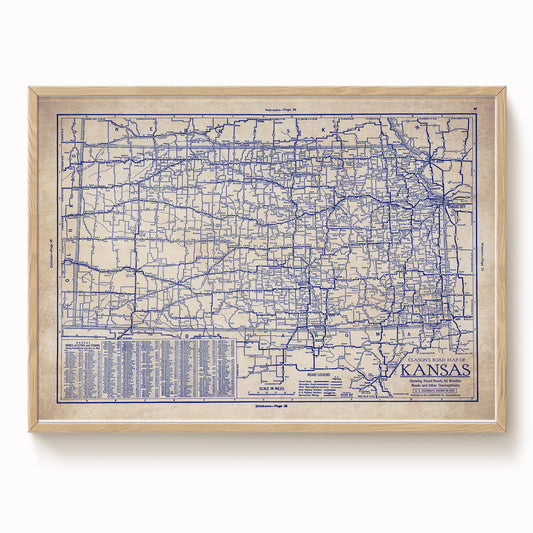 The image is a framed vintage map of Kansas, showing the state's roads and highways in a detailed and intricate manner.