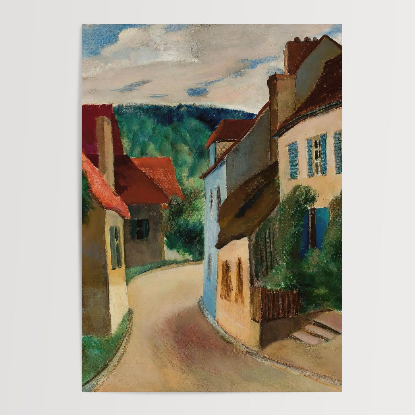 The image is a colorful painting depicting a quaint village street with houses and trees lining the road.